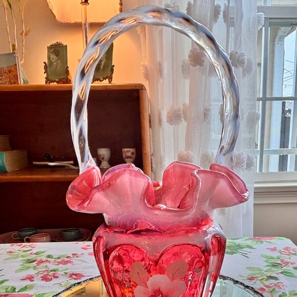 Fenton Glass Basket Cranberry Opalescent Open Heart Arches Bill and George - Picture 1 of 13